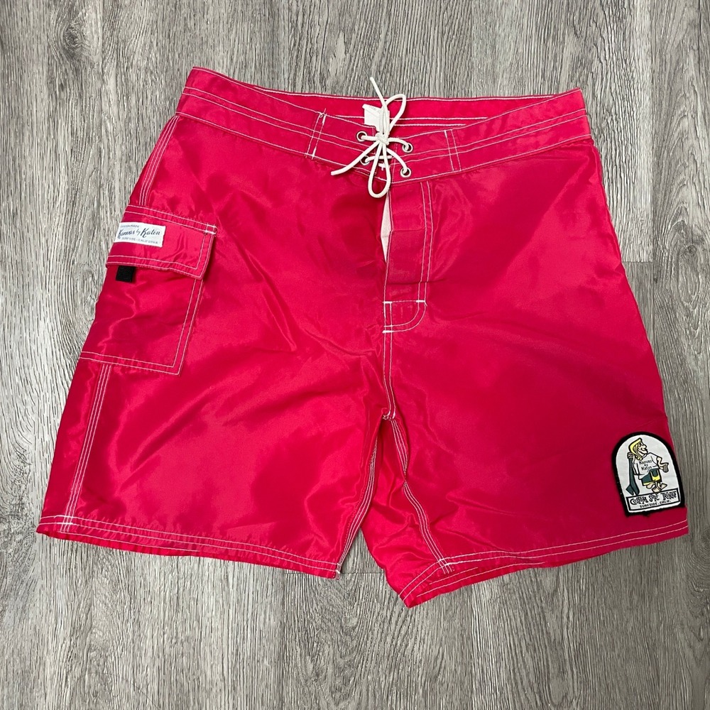 VTG Katin Board Shorts Mens 32 Red Pink Nylon Surf Trunks Cargo Pocket USA